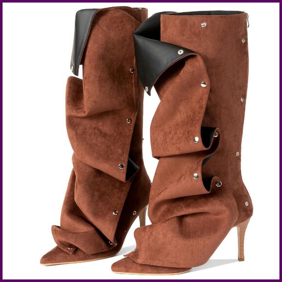 Knee High Boots Pointed Toe Stiletto Detachable Heel Studded Slouchy